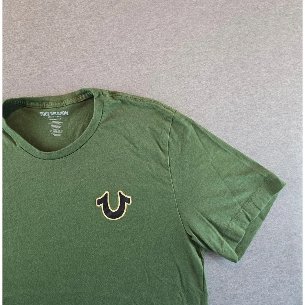 True Religion Graphic T-Shirt Mens L Green Buddha Horseshoe‎ Logo Short Sleeve